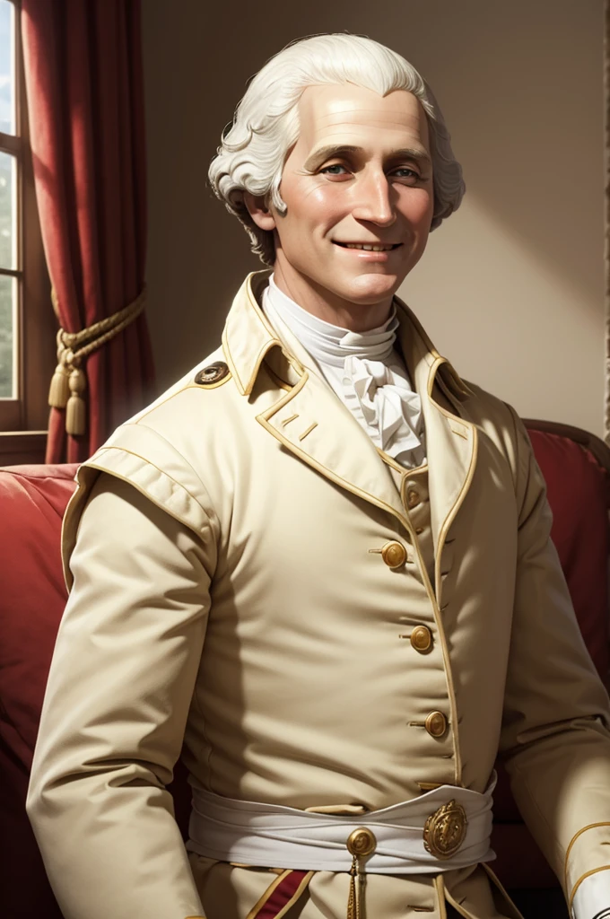 1boy, 10 years old, modern age, white living room, american, anorectic, smiling, george washington made out of pizza, realistic, HD, hyperrealistic, super cool