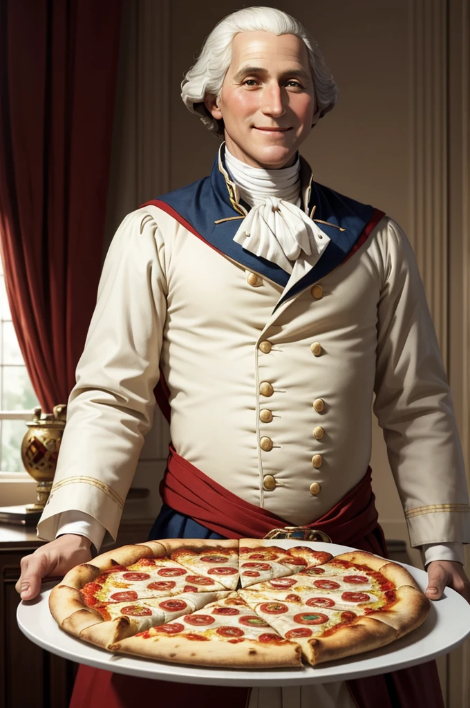 1boy, 10 years old, modern age, white living room, american, anorectic, smiling, george washington made out of pizza, realistic, HD, hyperrealistic, super cool