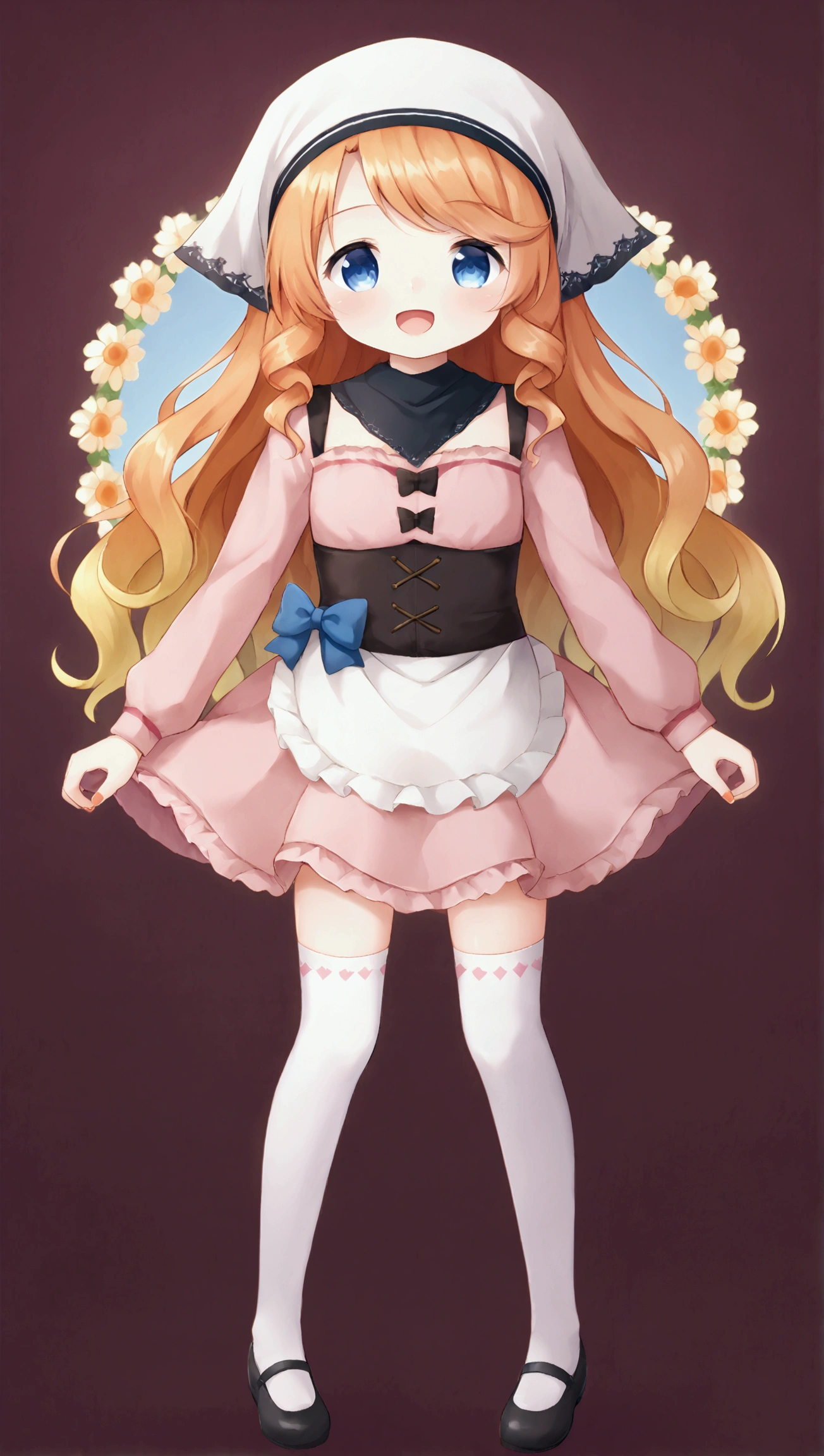 golden orange hair, gradient hair, very long hair, swept bangs, sidelocks, curly hair, wavy hair, (((((head scarf))))), head bandana, pink apron, flower in hair, marigold, orange flower, dirndl, pink dress, pink dirndl, long sleeves, waist apron, white apron, bow on waist, blue bow, , polish clothing, Slavic clothing, Hungarian clothing, anime, cute, flat chest, solo, exaggerated expression,  smile, open mouth, blue eyes, white stockings, black shoes, full body