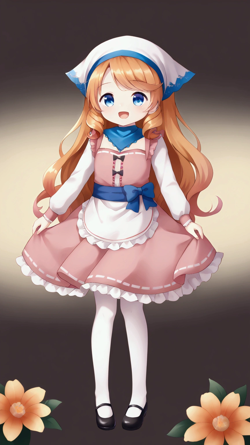 golden orange hair, gradient hair, very long hair, swept bangs, sidelocks, curly hair, wavy hair, (((((head scarf))))), head bandana, pink apron, flower in hair, marigold, orange flower, dirndl, pink dress, pink dirndl, long sleeves, waist apron, white apron, bow on waist, blue bow, , polish clothing, Slavic clothing, Hungarian clothing, anime, cute, flat chest, solo, exaggerated expression,  smile, open mouth, blue eyes, white stockings, black shoes, full body