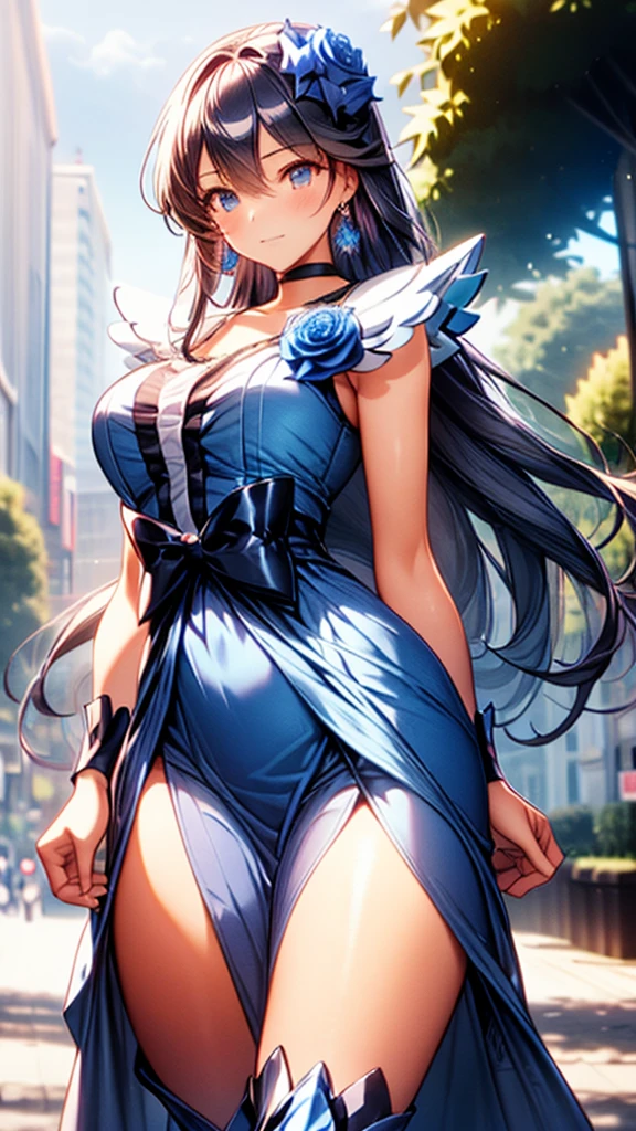 (Highly detailed CG), (Highest quality),(full body)，1 Girl,alone, black choker, earrings, blue flower, magical girl, waist bow, cure moonlight dress, jewelry, flower, wrist cuffs, single elbow glove, boots, eyelashes,Perfect Face,  Shiny skin, Shiny skin, Wide Hips,Tight waist,Knee-high boots，Elbow Bag,1 Girl, Long Hair, Big Breasts，Thick thighs，sunset，Octane，Cowboy Shot, (Pose in front)，straight, street，