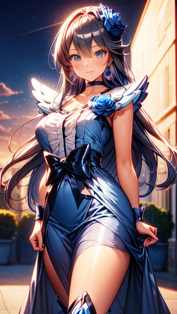 (Highly detailed CG), (Highest quality),(full body)，1 Girl,alone, black choker, earrings, blue flower, magical girl, waist bow, cure moonlight dress, jewelry, flower, wrist cuffs, single elbow glove, boots, eyelashes,Perfect Face,  Shiny skin, Shiny skin, Wide Hips,Tight waist,Knee-high boots，Elbow Bag,1 Girl, Long Hair, Big Breasts，Thick thighs，sunset，Octane，Cowboy Shot, (Pose in front)，straight, street，