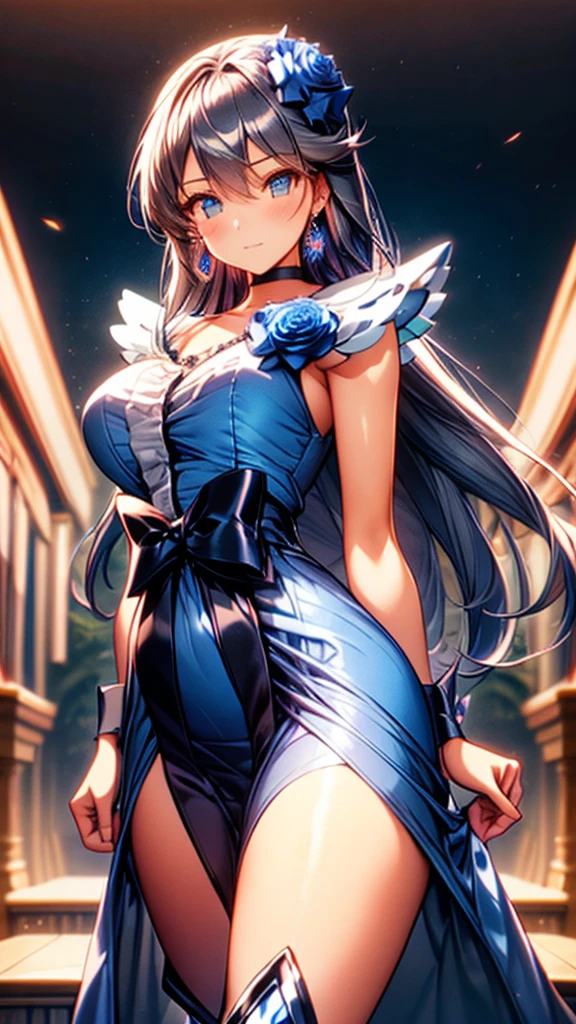 (Highly detailed CG), (Highest quality),(full body)，1 Girl,alone, black choker, earrings, blue flower, magical girl, waist bow, cure moonlight dress, jewelry, flower, wrist cuffs, single elbow glove, boots, eyelashes,Perfect Face,  Shiny skin, Shiny skin, Wide Hips,Tight waist,Knee-high boots，Elbow Bag,1 Girl, Long Hair, Big Breasts，Thick thighs，sunset，Octane，Cowboy Shot, (Pose in front)，straight, street，