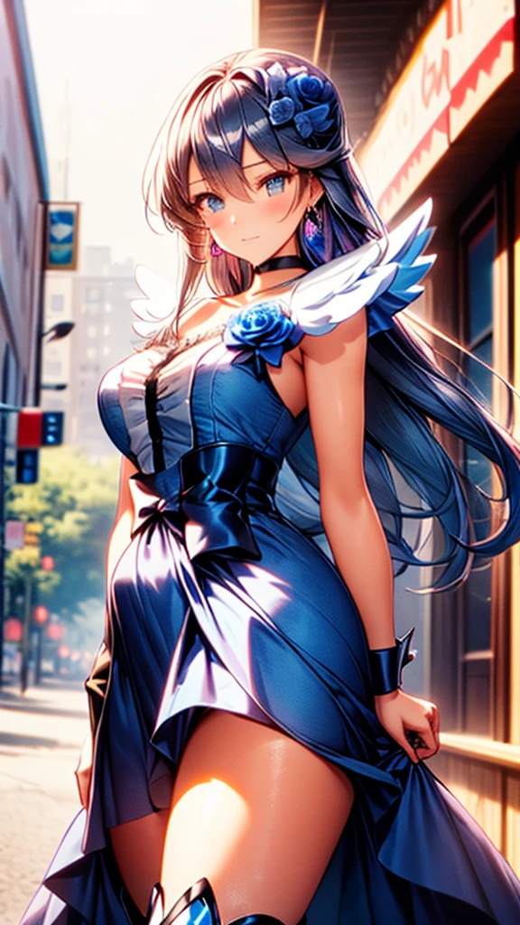 (Highly detailed CG), (Highest quality),(full body)，1 Girl,alone, black choker, earrings, blue flower, magical girl, waist bow, cure moonlight dress, jewelry, flower, wrist cuffs, single elbow glove, boots, eyelashes,Perfect Face,  Shiny skin, Shiny skin, Wide Hips,Tight waist,Knee-high boots，Elbow Bag,1 Girl, Long Hair, Big Breasts，Thick thighs，sunset，Octane，Cowboy Shot, (Pose in front)，straight, street，