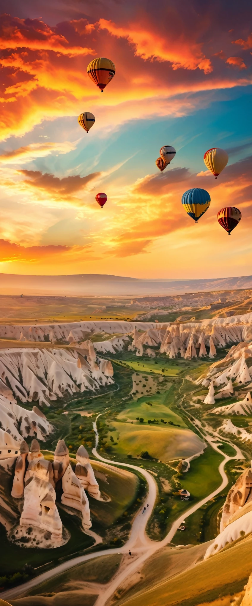(Highest quality),(masterpiece:1.2),(Very detailed:1.2),Ultra-high resolution,RAW color photos,8K,Vast landscape photography,Realistic photos,Elaborate photos,Skydiving viewpoint,Written boundary depth,Sharp focus,In the clouds,Cappadocia,Sunset,Beautiful colors,Written boundary depth,Wide Light,Low contrast,Backlight,Sharp focus,Vibrant colors,moving composition
