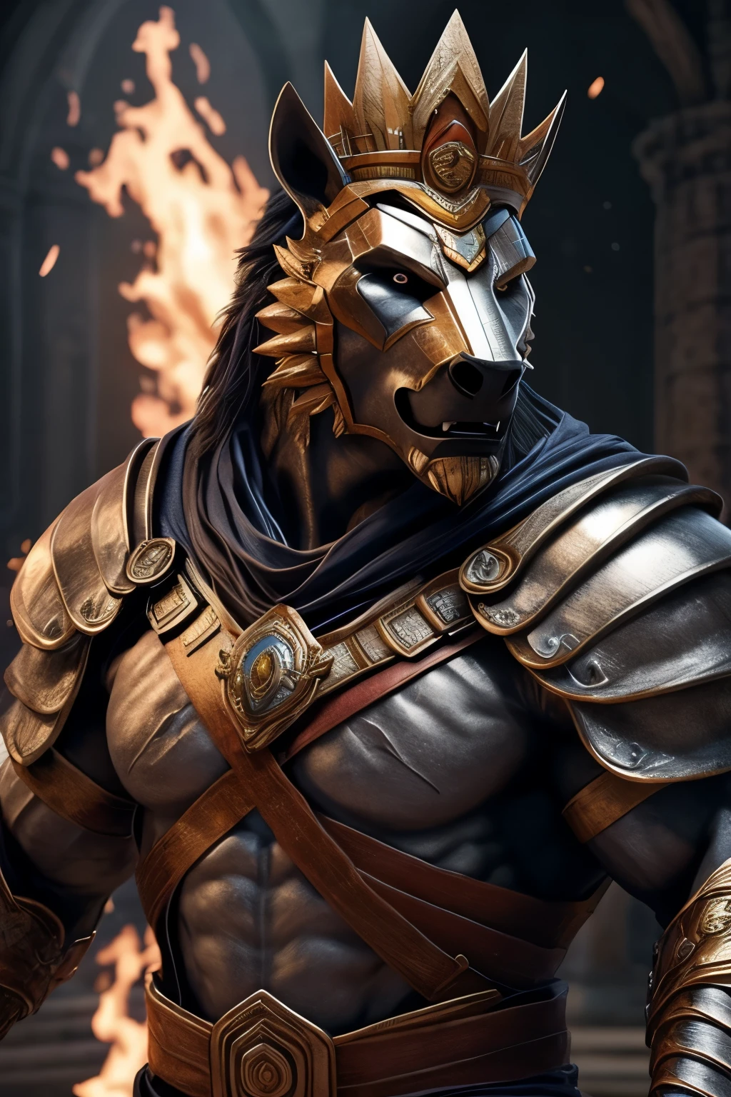 In the heart of an epic fantasy scene, a powerful muscular horseman takes center stage. His extremely detailed face, etched with lines of age and wisdom, is a study in chiseled perfection. Piercing eyes, filled with an unyielding spirit, gaze into the distance, reflecting the fire and resolve of the ancient Greek warrior he embodies. Clad in battle armor of unparalleled intricacy, every rivet and plate shines, a testament to the master craftsmen of times past. The armor, draped in black robes, is adorned with a golden laurel wreath crown, symbolizing his victory and honor in the face of adversity.