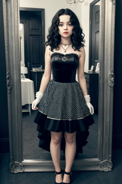 14 year old  looking like Bellatrix Lestrange in black dress with white polka dots, with gloves, necklace with a blue stone, white socks and heels with small heels standing in front of the old mirror in a dark room