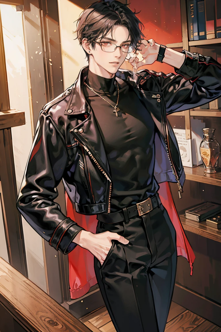 anime - (masterpiece), best quality, seductive eyes, perfect face, handsome man, red eyes, short messy black hair, long nose, tan brown skin, plain black t-shirt, black leather jacket, black pants, silver watch, square glasses, extremely tall man, long legs, long calves, full body, tall man, long legs, anime cover, 1boy, ear piercings, hands in pockets, adult-like look, bad boy

