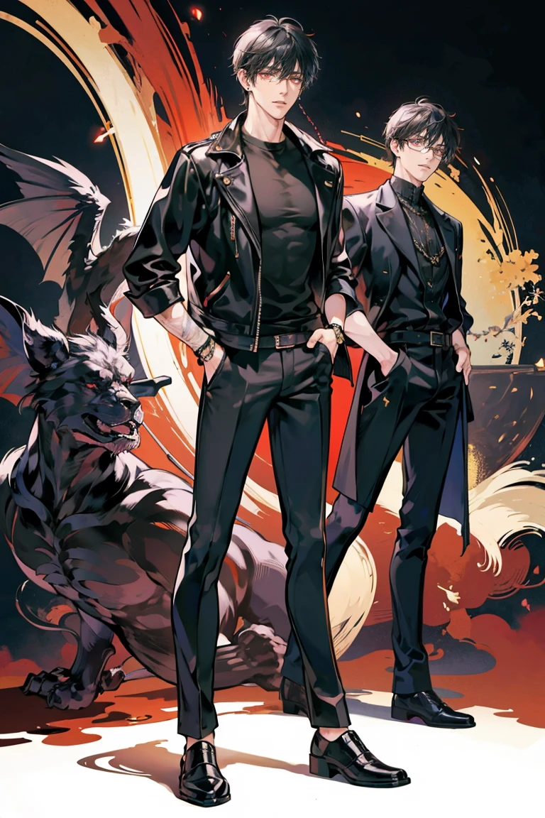 anime - (masterpiece), best quality, seductive eyes, perfect face, handsome man, red eyes, short messy black hair, long nose, tan brown skin, plain black t-shirt, black leather jacket, black pants, silver watch, square glasses, extremely tall man, long legs, long calves, full body, tall man, long legs, anime cover, 1boy, ear piercings, hands in pockets, adult-like look, bad boy
