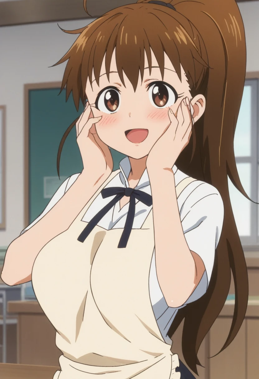 score_9, score_8_up, score_7_up, rating_explicit, anime screencap, upper body, from front, 1girl, solo, working!!, taneshima popura, brown eyes, brown hair, long hair, ponytail, large breasts, white shirt,black skirt,apron, popura-schooluniform, looking at viewer, blush, seductive smile, happy, open mouth, hands on face