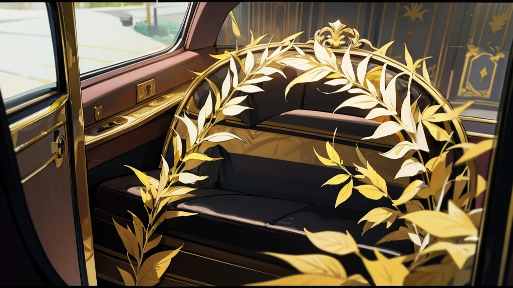 politician in a limo wearing roman imperial golden laurel wreath,