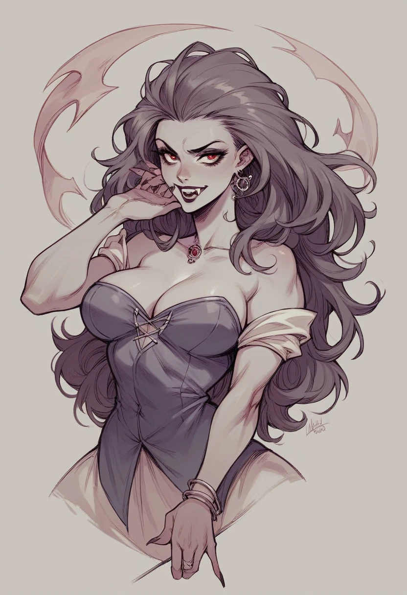 a devilish gouvernant with a sly smirk, black hair,sharp teeth,maniac,cartoony,sexy,prominents breasts,white pale skin,black and white eyes,beautiful detailed eyes, beautiful detailed lips, extremely detailed face and expression, long eyelashes, intricate detailed dress, dramatic chiaroscuro lighting, dark moody atmosphere, gothic horror, cinematic, 8k, high quality,