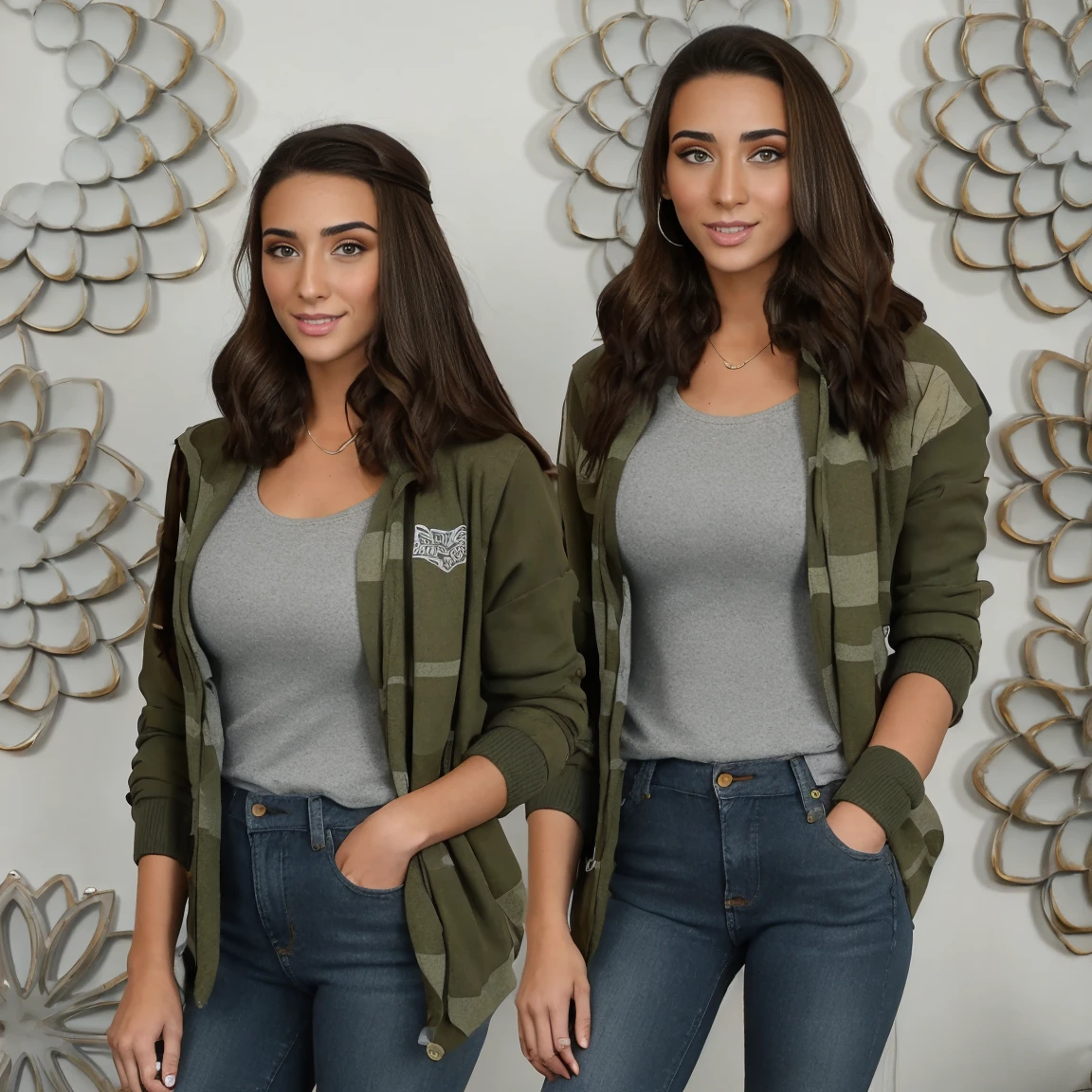 Extremely busty thin and toned brunette photographer, college girl, fair skin, loose side sweep, soft face, athletic, bandana babushka headwrap, tight olive green casual windbreaker, skinny jeans. standing in front of her apartment building, outdoors, city, camera bag, cleavage 