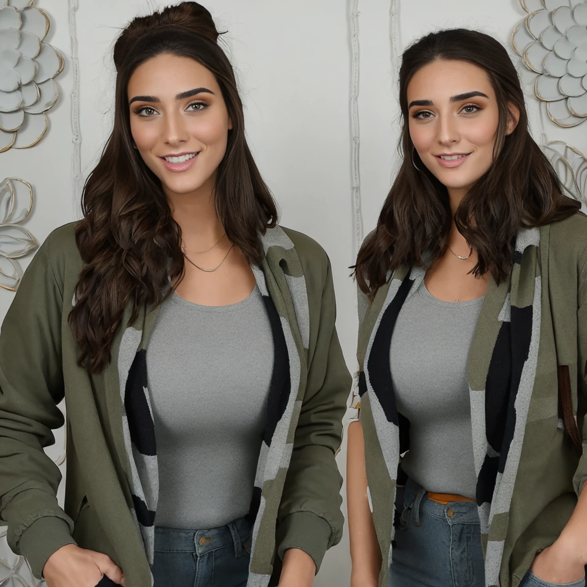Extremely busty thin and toned brunette photographer, college girl, fair skin, loose side sweep, soft face, athletic, bandana babushka headwrap, tight olive green casual windbreaker, skinny jeans. standing in front of her apartment building, outdoors, city, camera bag, cleavage