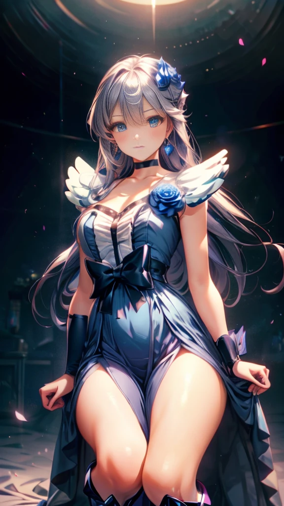 (Highly detailed CG), (Highest quality),(full body)，(( Squat，Spread your legs，Strike a Pose)),1 Girl,alone, black choker, earrings, blue flower, magical girl, waist bow, cure moonlight dress, jewelry, flower, wrist cuffs, single elbow glove, boots, eyelashes,Perfect Face,  Shiny skin, Shiny skin, Wide Hips,Tight waist,Knee-high boots，Elbow Bag,1 Girl, Long Hair, Big Breasts，Thick thighs，sunset，Octane，