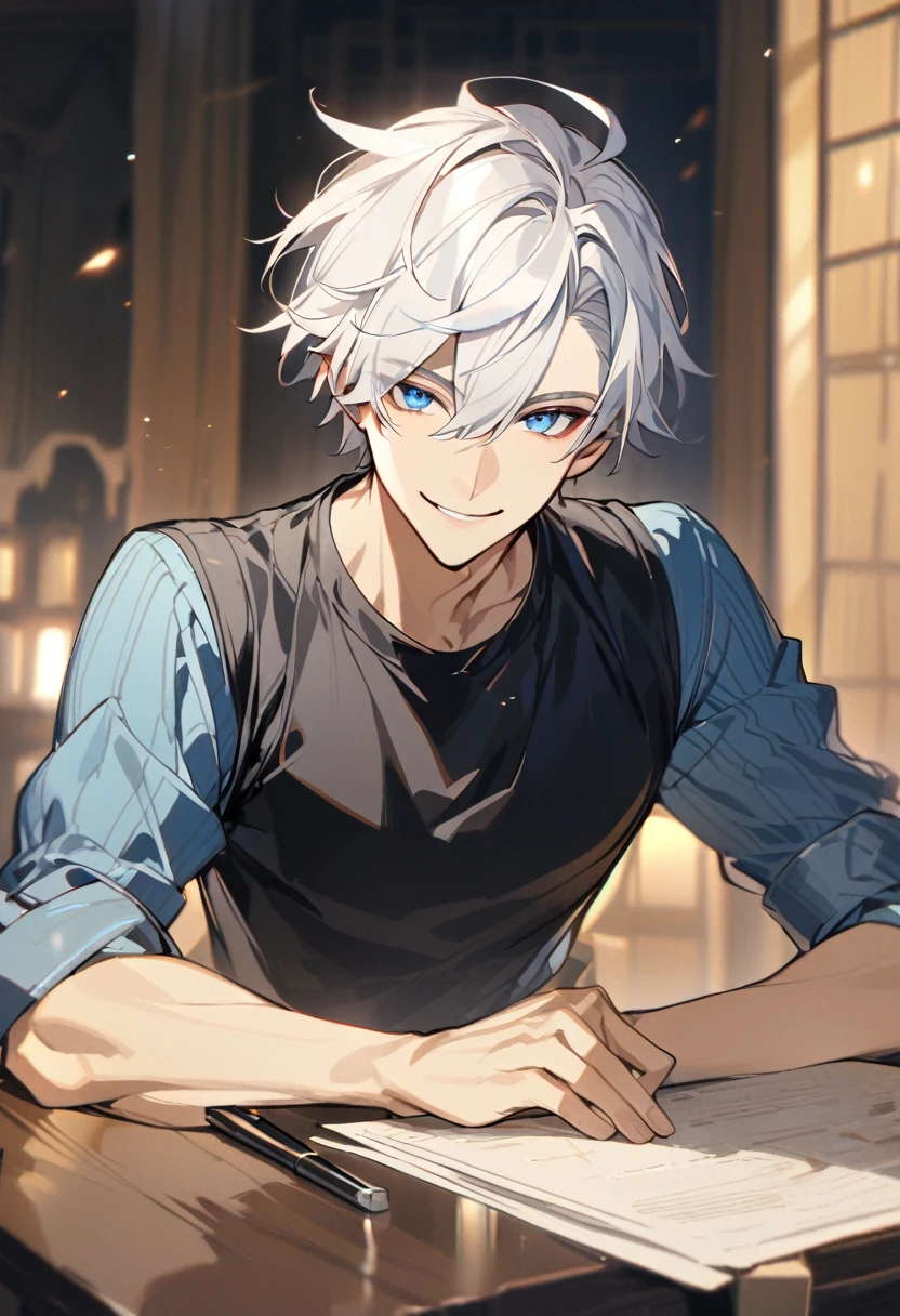 Handsome, solo, 1 male, super short hair, white hair, smile facial, (((shirt))), blue eyes, загадочное выражение лица, загадочная улыбка
