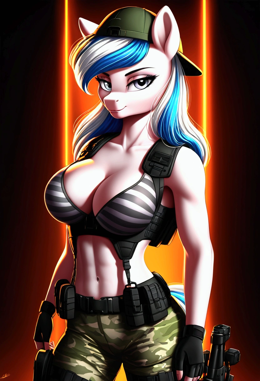 vibrant colors, 8K, high resolution, highly detailed, masterpiece, ((my little pony)), (striped white hair), (pale body), (gray eyes) seductive face, woman's tactical gear, standing, big breasts, beautiful body, cap