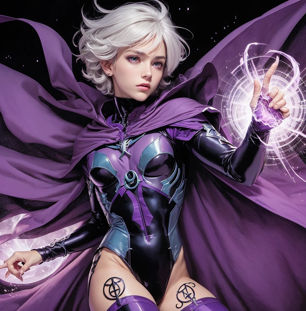 American classic comic book art: Clea, handsome ethereal young boy delicate, intermediate light white hair with beautiful messy, pointy ears, purple-indigo tight bodysuit adorned by mystical symbols, dark gloves, purple long sleeves, purple world of dreams, conjuring energy blade on forearm,very nicebutt, magenta cape adorned with symbols, sorcerer, white eyes, showing thighs, very young face man, beautiful thighs, classic comic book, 