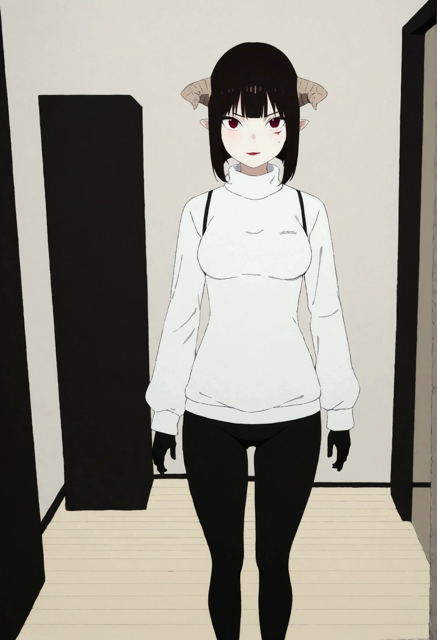 (work of art, ultra detali,high resolution,8K), 1 girl ,standing alone,hinterland,Look to viewer, TochaTortura, trunk,sheen,brunette skin,tight white turtleneck sweatshirt,black socks,standing,ssmile,horns on head,blushed,face red