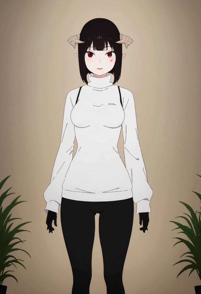 (work of art, ultra detali,high resolution,8K), 1 girl ,standing alone,hinterland,Look to viewer, TochaTortura, trunk,sheen,brunette skin,tight white turtleneck sweatshirt,black socks,standing,ssmile,horns on head,blushed,face red