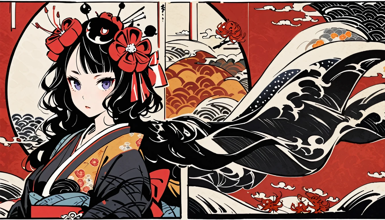 Highest quality, Katsushika Hokusai, Ink Painting, (((Long Hair))), (((Light black kimono))), (((Big red ribbon on head))), Red Higanbana, beautiful girl, Black Hair, Delicate and precise, Modern ukiyo-e style