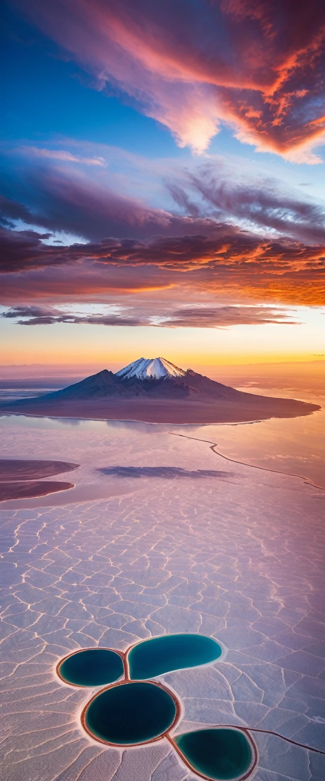 (Highest quality),(masterpiece:1.2),(Very detailed:1.2),Ultra-high resolution,RAW color photos,8K,Vast landscape photography,Realistic photos,Elaborate photos,Skydiving viewpoint,Written boundary depth,Sharp focus,In the clouds,Uyuni salt lake,Sunset,Beautiful colors,Written boundary depth,Wide Light,Low contrast,Backlight,Sharp focus,Vibrant colors,moving composition