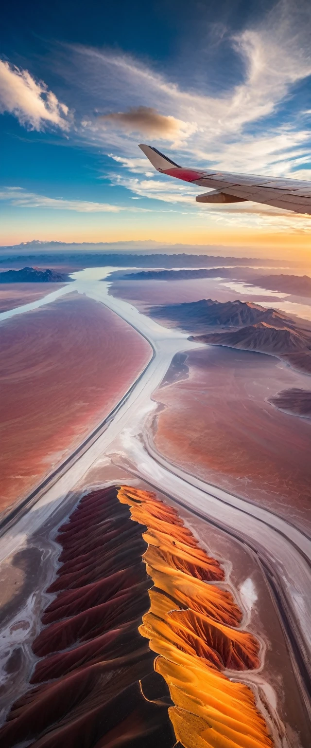 (Highest quality),(masterpiece:1.2),(Very detailed:1.2),Ultra-high resolution,RAW color photos,8K,Vast landscape photography,Realistic photos,Elaborate photos,Skydiving viewpoint,Written boundary depth,Sharp focus,In the clouds,Uyuni salt lake,Sunset,Beautiful colors,Written boundary depth,Wide Light,Low contrast,Backlight,Sharp focus,Vibrant colors,moving composition