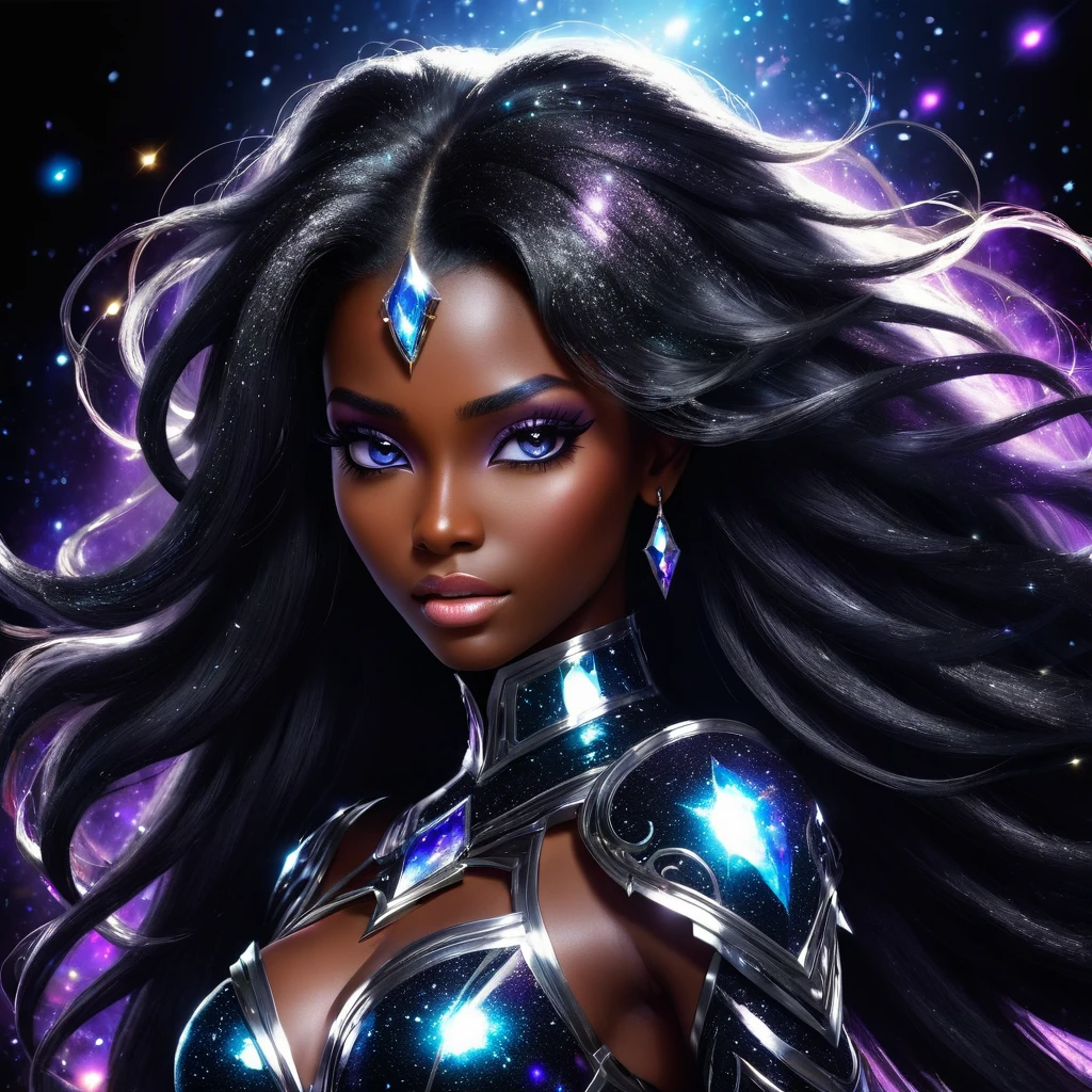 PORTRAIT, a battle angel portrait, beautiful black skin with sparkles and glitter, long long hair, shiny and lightening eyes detailed skin, image is compelling with dynamic composition and energetic posing. Include many fantasy details such as bumps, phantasmal iridescence, glitter, galaxy, cosmos, ((dark celestialskin body, void cosmic body)), (((dark background))), (((lights off))), (((hollywood dark))), horror, dramatic shadows, (in a dark fantasy space:1.3, glitter, sparkle, gleam) vector digital illustration, (black background:1.5)sharp