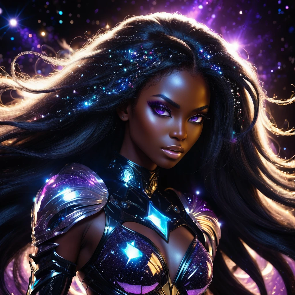 PORTRAIT, a battle angel portrait, beautiful black skin with sparkles and glitter, long long hair, shiny and lightening eyes detailed skin, image is compelling with dynamic composition and energetic posing. Include many fantasy details such as bumps, phantasmal iridescence, glitter, galaxy, cosmos, ((dark celestialskin body, void cosmic body)), (((dark background))), (((lights off))), (((hollywood dark))), horror, dramatic shadows, (in a dark fantasy space:1.3, glitter, sparkle, gleam) vector digital illustration, (black background:1.5)sharp