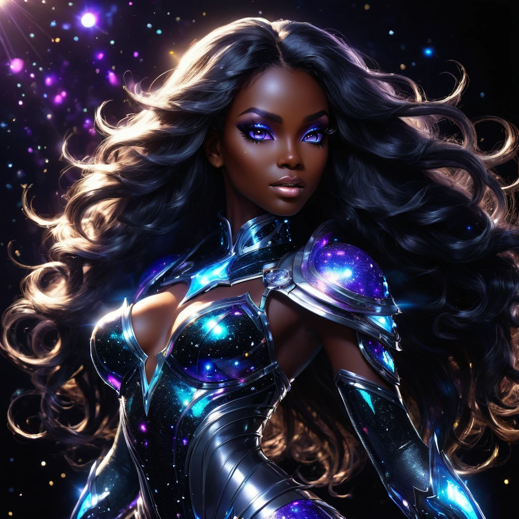 PORTRAIT, a battle angel portrait, beautiful black skin with sparkles and glitter, long long hair, shiny and lightening eyes detailed skin, image is compelling with dynamic composition and energetic posing. Include many fantasy details such as bumps, phantasmal iridescence, glitter, galaxy, cosmos, ((dark celestialskin body, void cosmic body)), (((dark background))), (((lights off))), (((hollywood dark))), horror, dramatic shadows, (in a dark fantasy space:1.3, glitter, sparkle, gleam) vector digital illustration, (black background:1.5)sharp