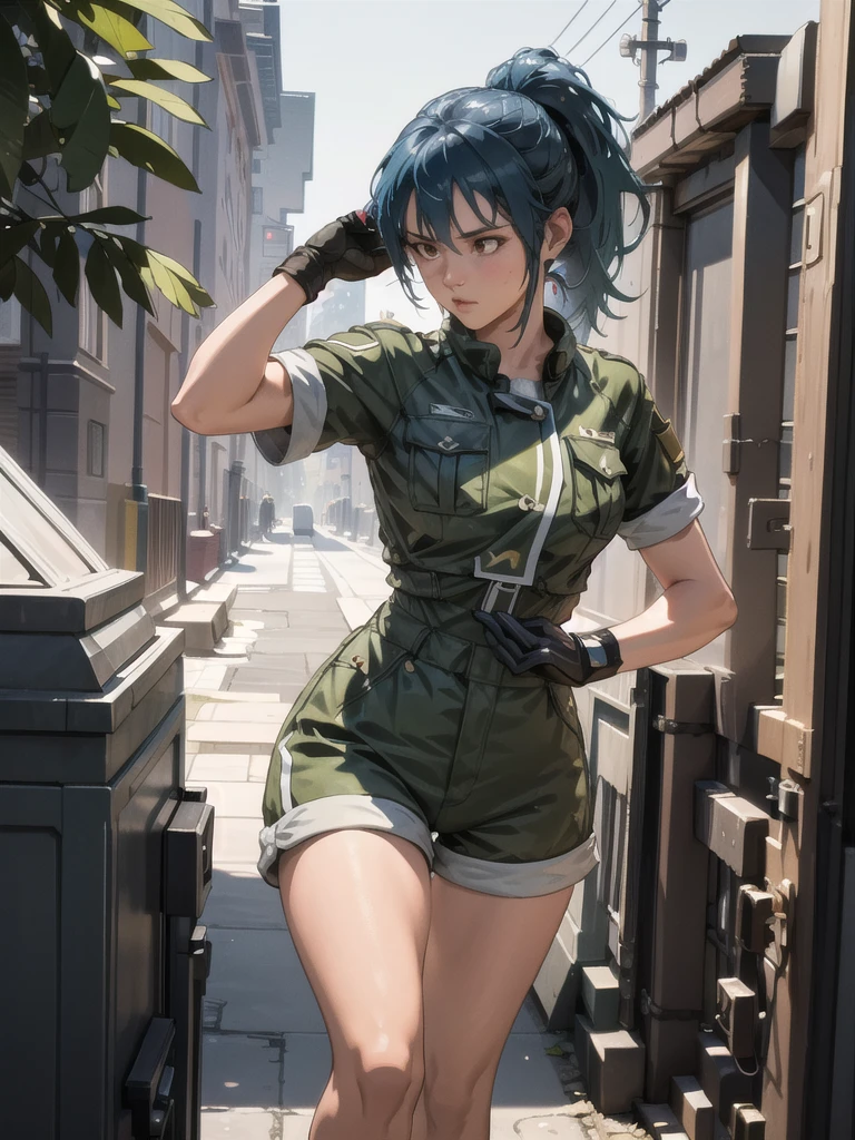 30-year-old woman, alone, athletic, blue hair tied in a ponytail, wears green military shorts, wears dark gloves, has military boots, high resolution, perfect image, very detailed, high contrast, digital colors, simple, medium shot , cinematic, ultra-sharp focus, award-winning photography, perfect contrast, high sharpness, depth of field, ultra-detailed photography. global illumination, fluid, ultra high definition, 8k, Unreal Engine 5, ultra sharp focus, award-winning photography, Art Season Trends,
