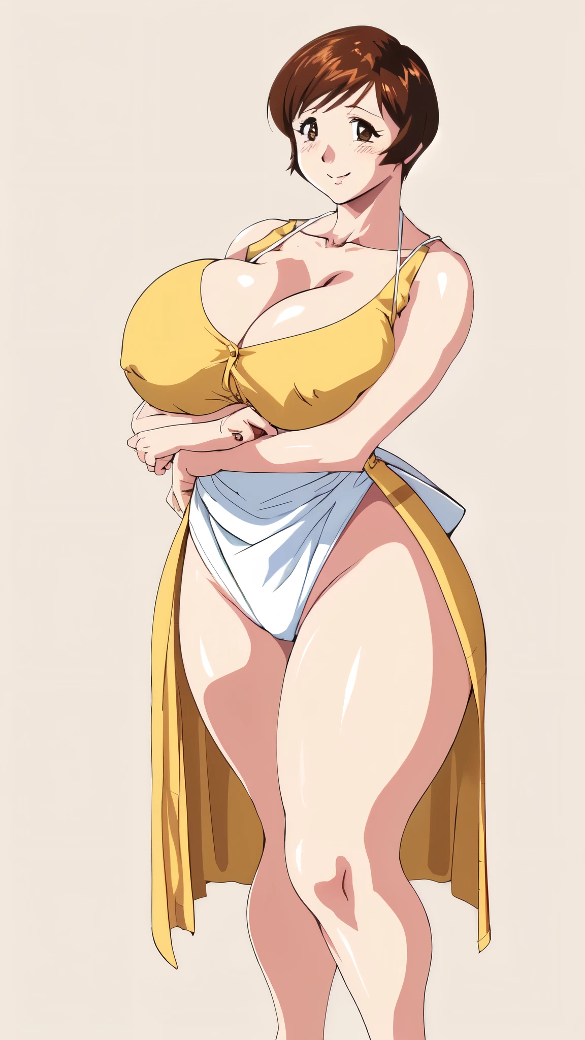 masterpiece, highest quality, High resolution, One girl, solo, sexual intercourse, Pornographic images, short hair, etsukoto, brown Eyes, fine grain, fine grain, (((Thick thighs, Plump thighs, Voluptuous thighs, Thighs alone are enough))), Huge and ample breasts, Cleavage, big long breasts, Naughty big,((big breasts are important))、((Naughty thighs)), L Cup, (thin:1.4),(Tight waist:1.4),  (yellow dress:1.4), smile, ((white waist apron)), white panties,  (((Simple Background))), ((Wide Hips)), Shiny, Oily skin, Mature mother, Calf, Seductive mature woman, milf, Perfect body, Plus Size Model, curvy, ample, etsukoto, blush, clavicle, retro artstyle, 1990s (style), (thick thighs:1.4), Bare legs, (from side:0.8), full body, feet,