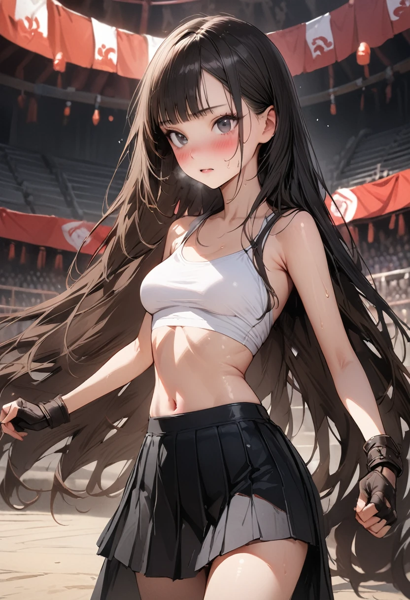 (((masterpiece,Highest quality:1.3,best quality illustration))),(realistic),cowboy shot,独奏,1woman,18 year old beauty,black hair,long hair,bangs,black eyes,gorgeous big eyes,((very small head:1.3)),blush,((very long body:1.2,skinny)),medium breasts,White tube top shirt、navel、(Black pleated mini skirt),Brown leather fingerless gloves、sweat,gleaming skin,toned body,slender body、Martial arts stance、During a martial arts match、amphitheater、
