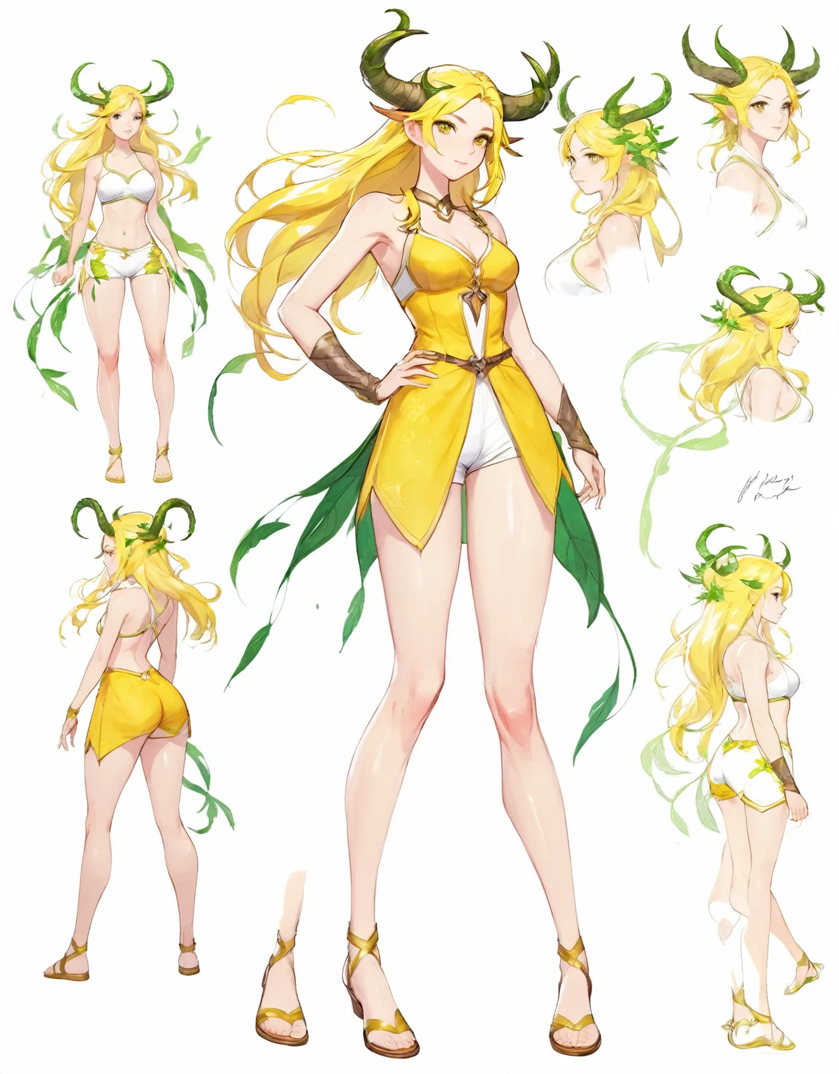 sketch (Character Design Sheet, Same characters, whole body, Three-species, Front, ~ ~ ~ side, Come back),(Very bright:1.1), White background, [1 girl:7], (tilted his head:1.2), ([sketch|watercolor \(Temperate\)]:1.15),whole body, Yellow medieval summer girl, concept, vines on the hand and horns from the vines, full length, whole body, magic hunter, White shorts, SFV