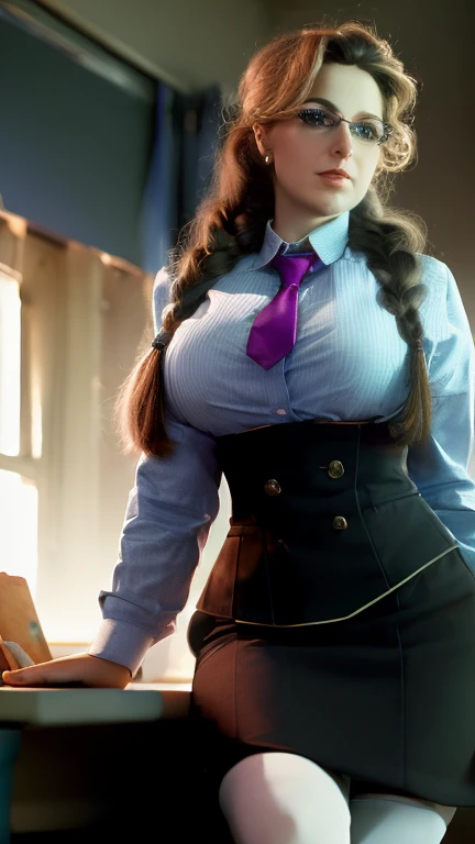 Women, ((Masterpiece, Best Quality)), full body view, bursting huge breasts, detailed skin, Anna from Frozen as a teacher, in the classroom, high heels, socks,   elegant teacher suit, above knee skirt, Very detailed, cinematic lighting, ultra realistic, blush, looking at the viewer, anna, anna from the movie