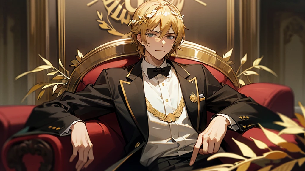 politician in a limo wearing roman imperial golden laurel wreath,