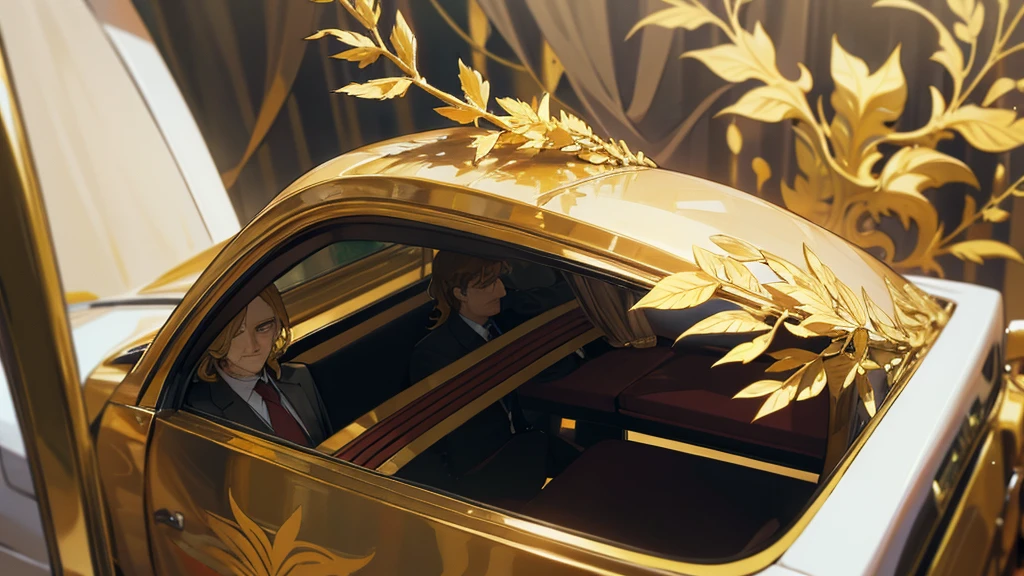 politician in a limo wearing roman imperial golden laurel wreath,