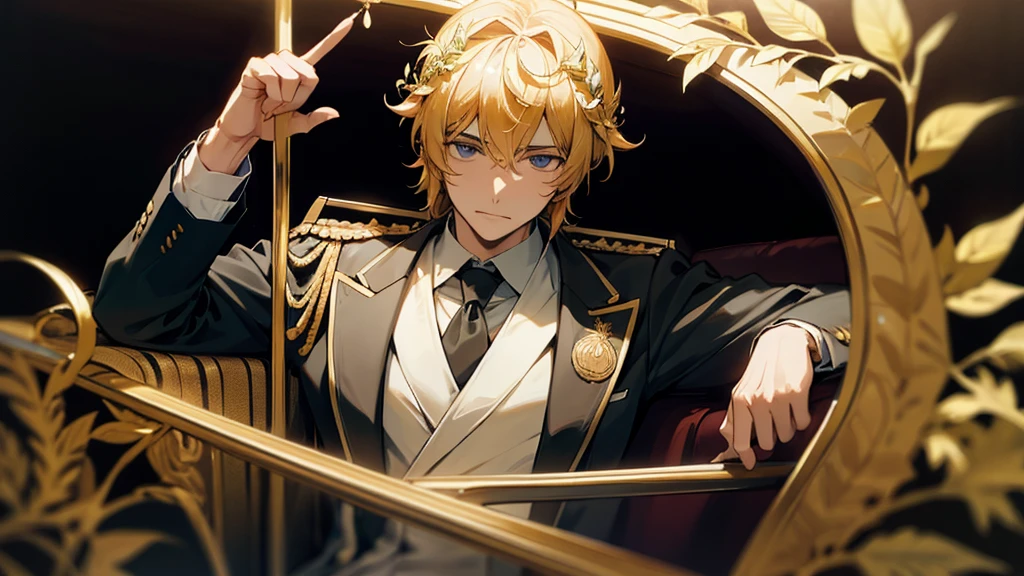 politician in a limo wearing roman imperial golden laurel wreath,