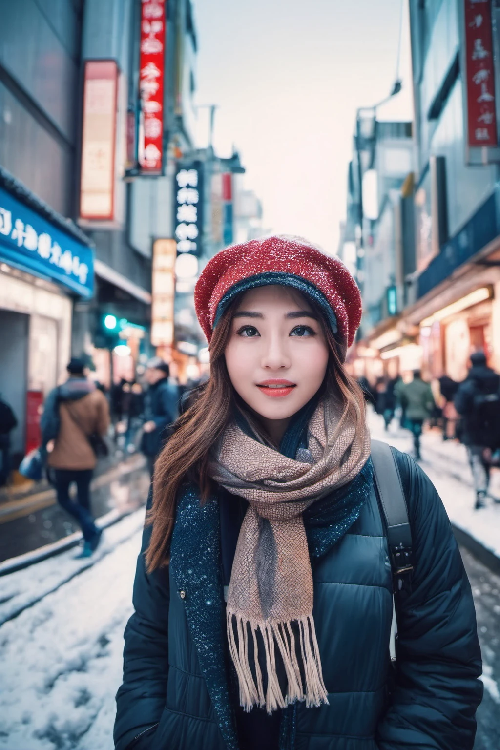 cinematic film , realistic , shallow depth of field, vignette, highly detailed, high budget, bokeh, cinemascope, moody, epic, gorgeous, film grain, grainy, 
ultra wide shot of a girl in Tokyo street, exaggerated perspective, upper body with reaching out hand, foreshortening, realistic, high-resolution, female focus, solo, snowy day with scarf and hat, flying snow, fish-eye lens low angle, POV close-up selfie