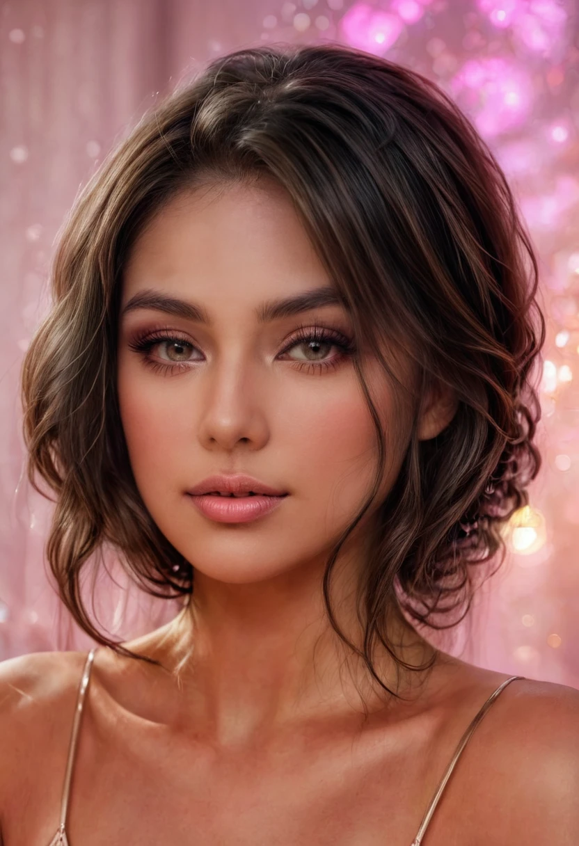 anikaxxx "A beautiful woman with flawless skin and a SENSUAL expression poses with her eyes closed, SENSUALLY CASTING HER FACE against a soft, dreamy pink background with bokeh lights. Her makeup is subtle and enhances her natural beauty, with a soft glow in his perfectly formed cheeks and eyes.