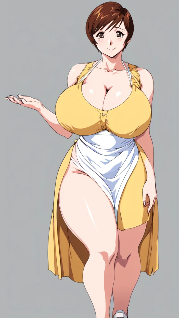 masterpiece, highest quality, High resolution, One girl, solo, sexual intercourse, Pornographic images, short hair, etsukoto, brown Eyes, fine grain, fine grain, (((Thick thighs, Plump thighs, Voluptuous thighs, Thighs alone are enough))), Huge and ample breasts, Cleavage, big long breasts, Naughty big,((big breasts are important))、((Naughty thighs)), L Cup, (thin:1.4),(Tight waist:1.4), (yellow dress:1.4), smile, ((white waist apron)), white panties, (((Simple Background))), ((Wide Hips)), Shiny, Oily skin, Mature mother, Calf, Seductive mature woman, milf, Perfect body, Plus Size Model, curvy, ample, etsukoto, blush, clavicle, retro artstyle, 1990s (style), (thick thighs:1.4), Bare legs, (from side:0.8), full body, feet,