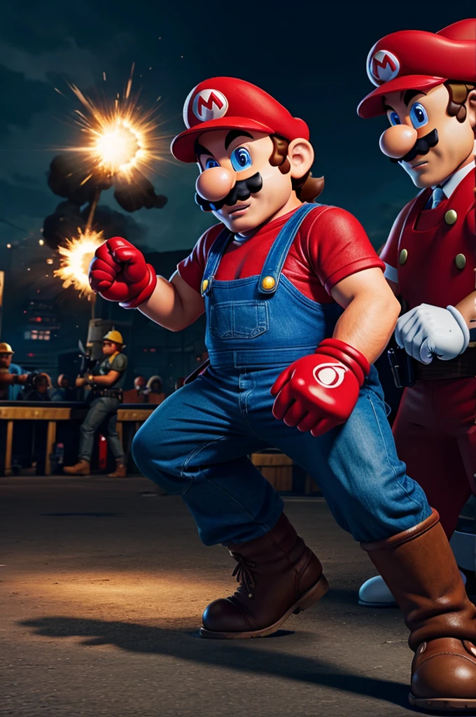 Mario gaming character as a man, fighting with bad men