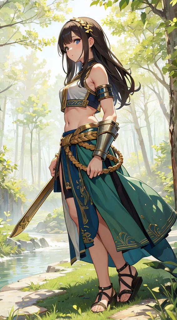 young greek warriors girls in togas , only girls , forest in the background , light armor , sandals , sexy, exposed belly, muscular girl, defined abdomen,stomach, multiple girls, midriff, looking at viewer, blonde hair , long hair, bare shoulders, white skirt, skirt, outdoors, sanda