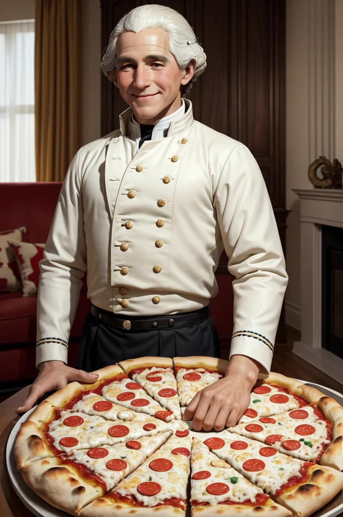 1boy, , modern age, white living room, american, anorectic, smiling, a sculpture of george washington made out of pizza, realistic, HD, hyperrealistic, super cool