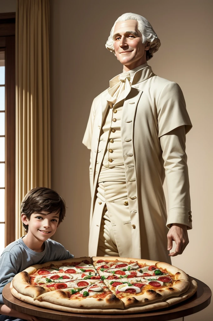 1boy, , modern age, white living room, american, anorectic, smiling, a sculpture of george washington made out of pizza, realistic, HD, hyperrealistic, super cool