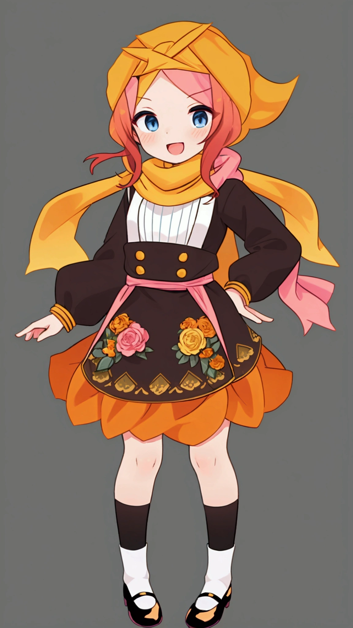 golden orange hair, gradient hair, very long hair, swept bangs, sidelocks, curly hair, wavy hair, (((((head scarf))))), head bandana, pink apron, flower in hair, marigold, orange flower, dirndl, pink dress, pink dirndl, long sleeves, waist apron, white apron, bow on waist, blue bow, , polish clothing, Slavic clothing, Hungarian clothing, anime, cute, flat chest, solo, exaggerated expression, smile, open mouth, blue eyes, white stockings, black shoes, full body