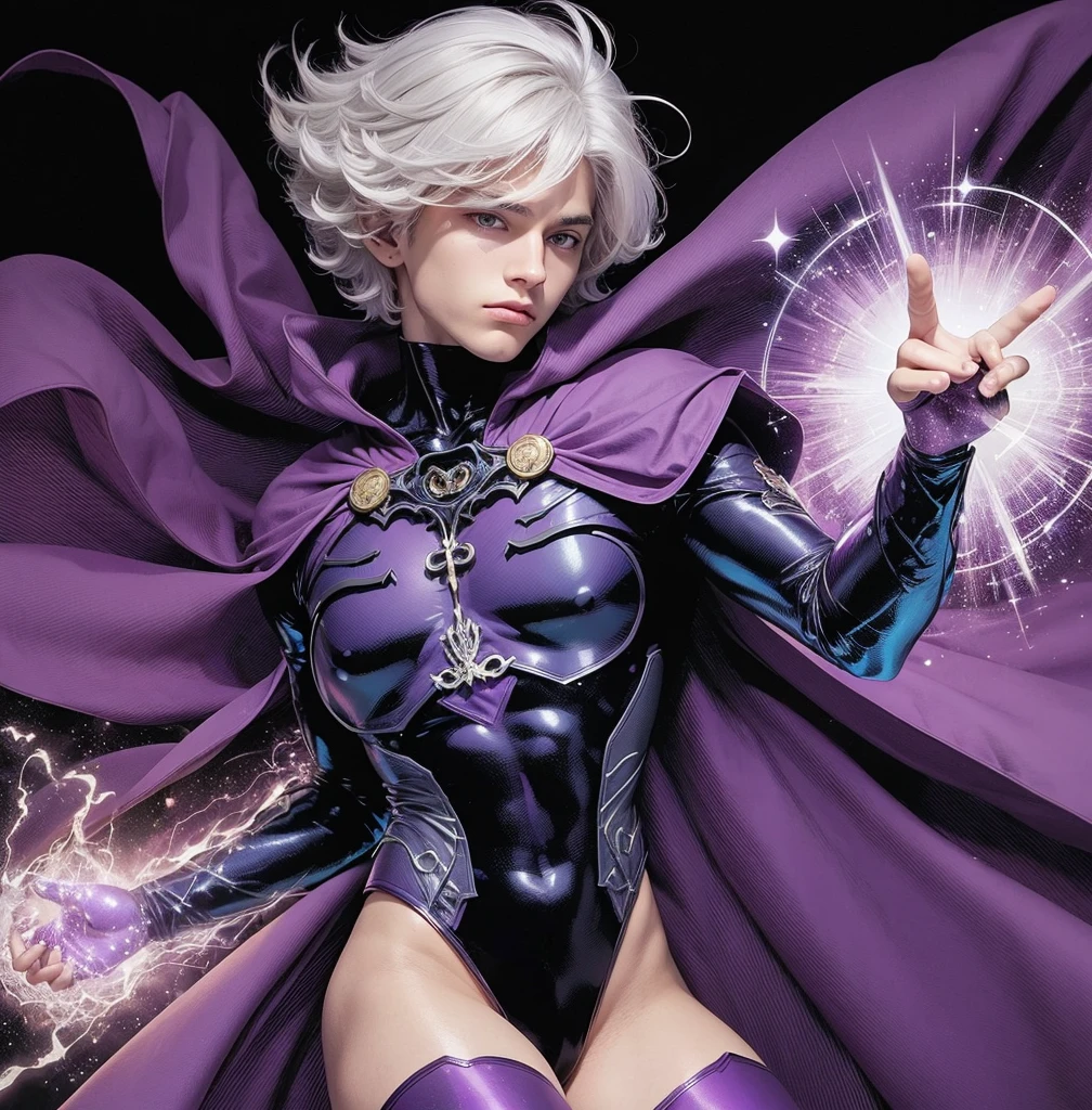 American classic comic book art: handsome ethereal young boy delicate, intermediate light white hair with beautiful messy, pointy ears, purple-indigo tight bodysuit adorned by mystical symbols, dark gloves, purple long sleeves, purple world of dreams, conjuring energy blade on forearm,very nicebutt, magenta cape adorned with symbols, sorcerer, white eyes, showing thighs, very young face man, beautiful thighs, classic comic book,