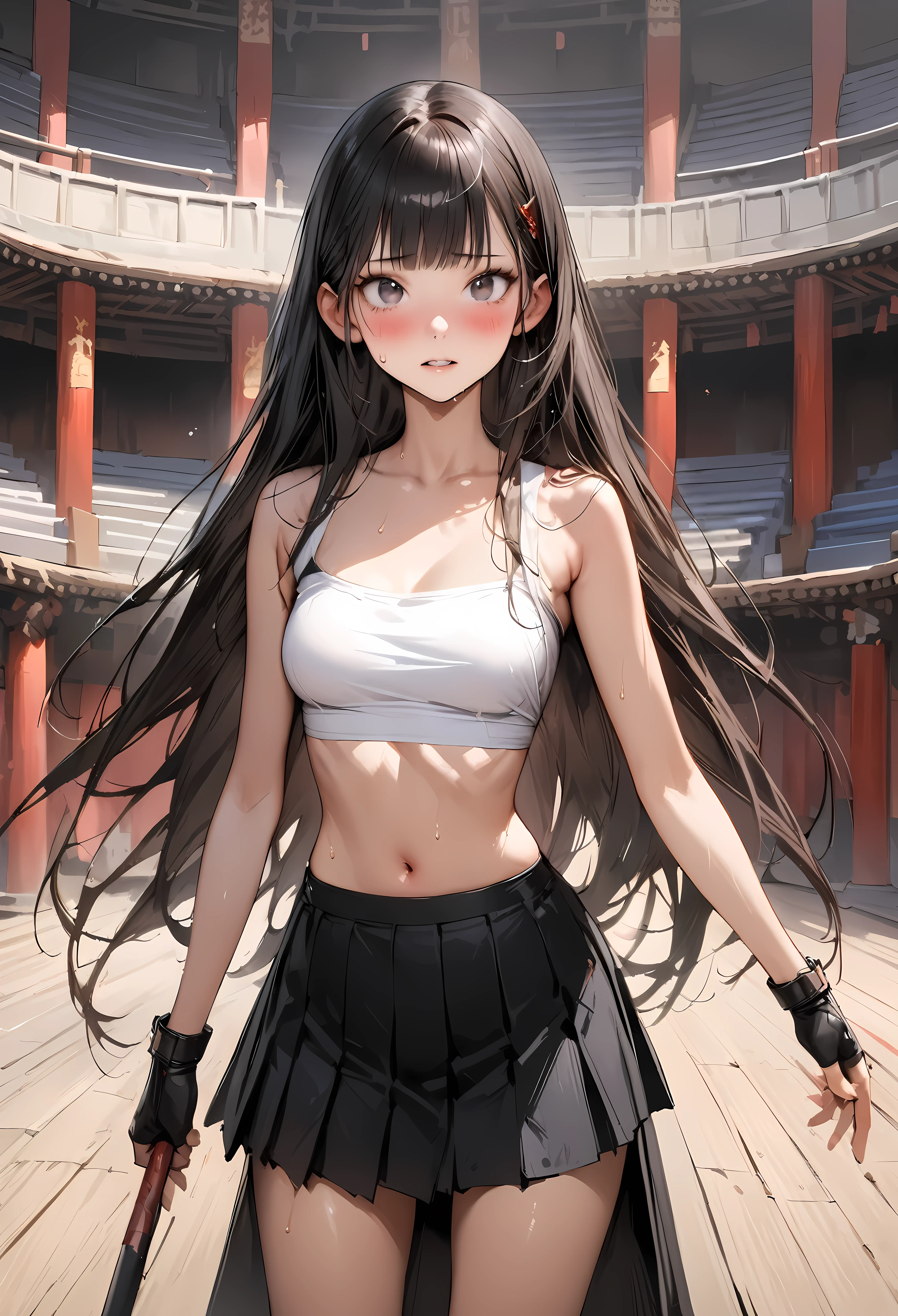 (((masterpiece,Highest quality:1.3,best quality illustration))),(realistic),cowboy shot,solo,1woman,18 year old beauty,black hair,long hair,bangs,black eyes,gorgeous big eyes,((very small head:1.3)),blush,((very long body:1.2,skinny)),medium breasts,White tube top shirt、navel、(Black pleated mini skirt),Brown leather fingerless gloves、sweat,gleaming skin,toned body,slender body、Martial arts stance、Martial Arts Matches、amphitheater、