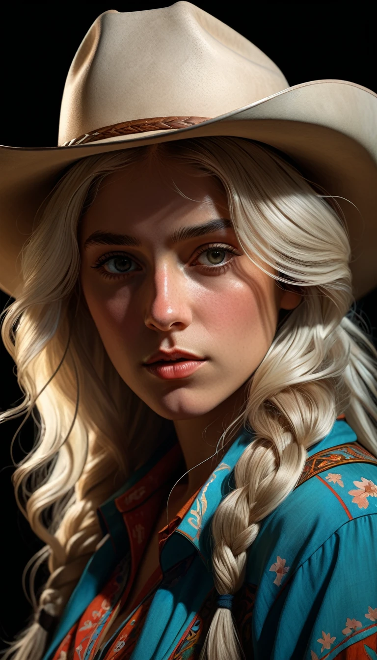 Hyperrealist portrait of female by david hockney and alphonse mucha,fantasy art, photo realistic, dynamic lighting, artstation, poster, volumetric lighting, very detailed faces, 4 k, award winning,, 1girl, in the dark, deep shadow, low key,cowboy shot,(official clothing:1.4) ,long hair,white hair,
