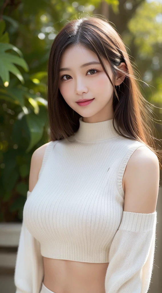 Tabletop, Highest quality, Realistic, In detail, High resolution, 8k wallpaper, Perfect dynamic composition, Beautiful attention to detail, Long Hair, Big ample breasts, Random sexy poses,Chest to chest、(Open Chest Mock Neck Crop Tank Top White Knitwear Clear Club)、(Breast swelling 1.2)、smile、Resort scenery、Age 25、(Droopy Eyes 1.4)、Adult Beauty、Japanese